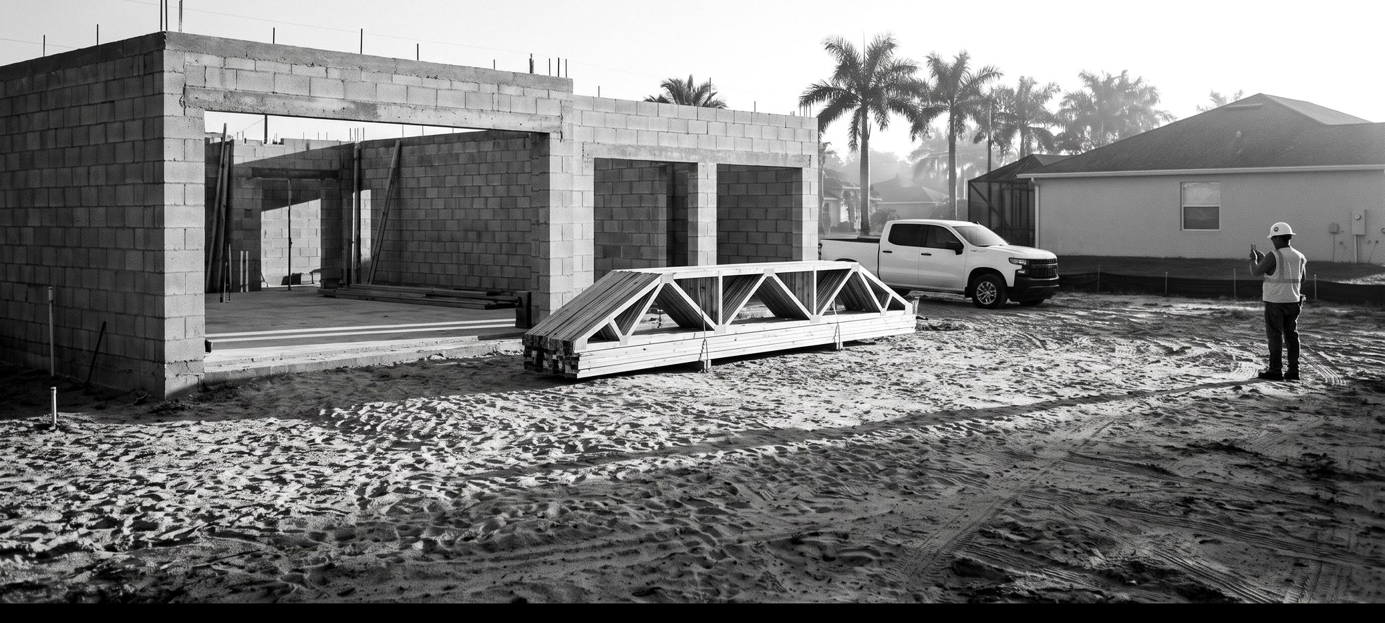 A concrete block house under construction in South Florida