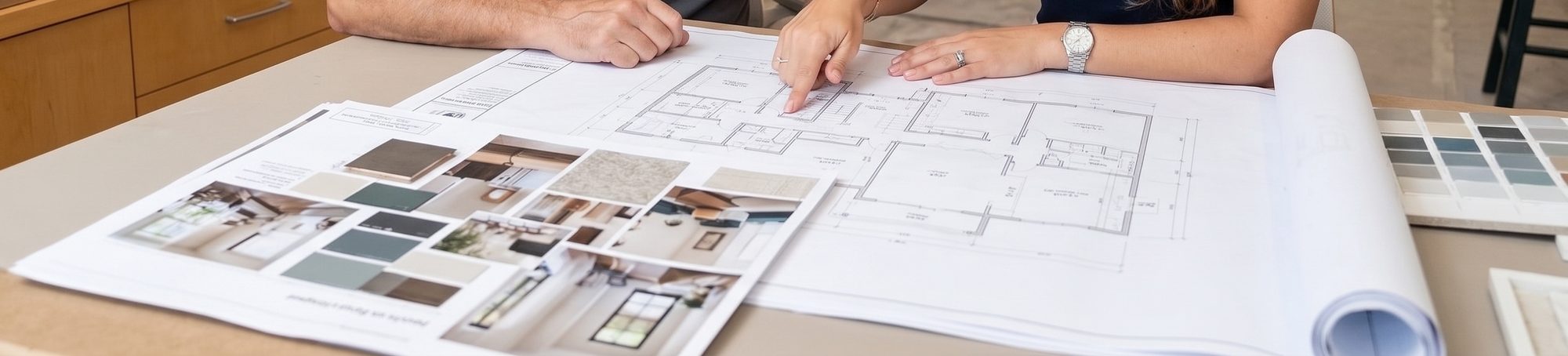 Plans and finish samples on a work table
